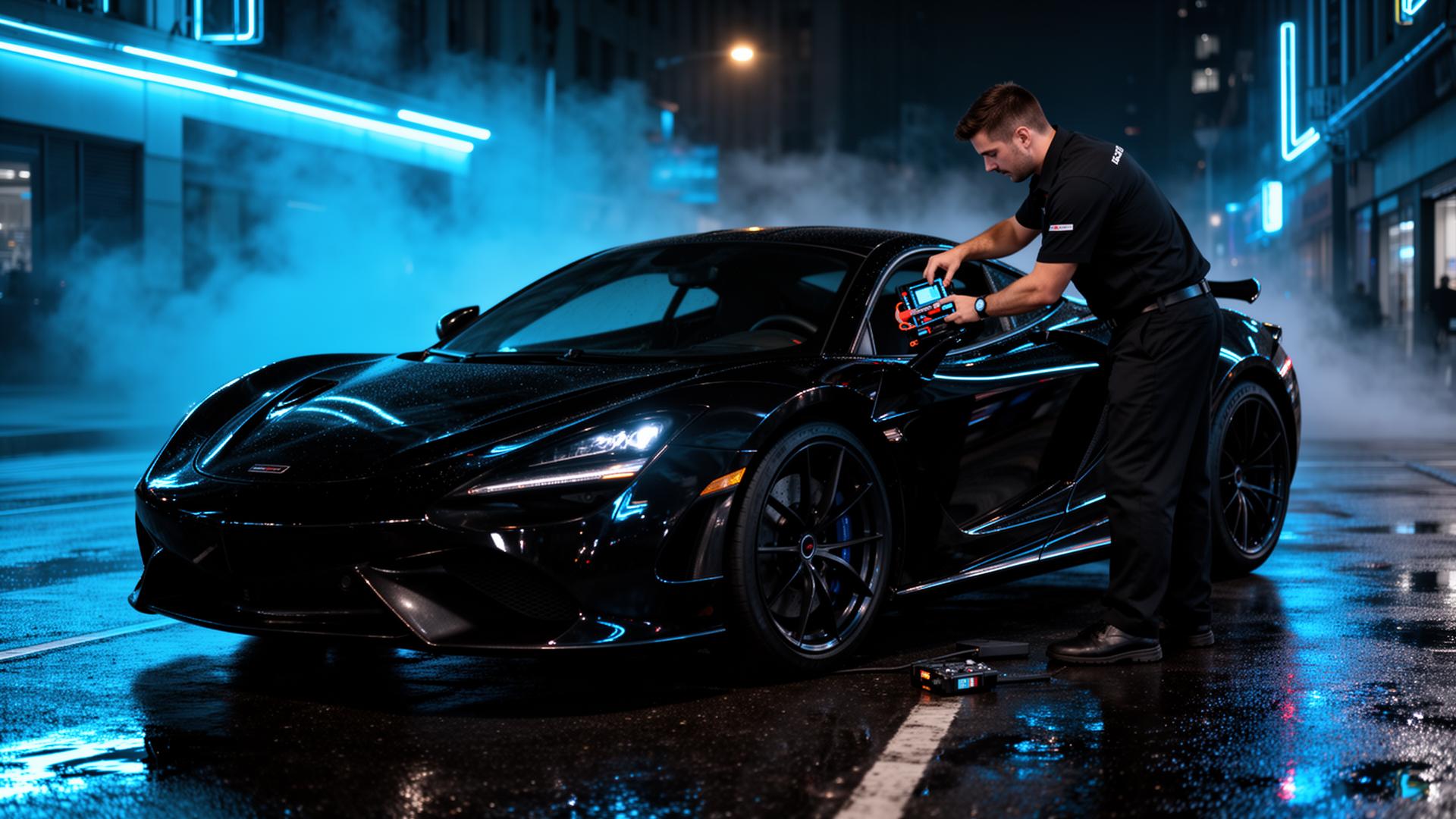 Luxury locksmith working on car at night